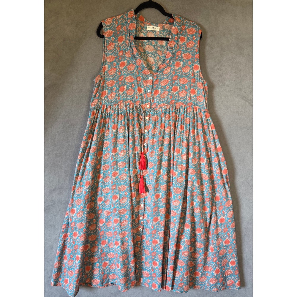 Natural Life Floral Midi Dress Women's XL Cotton Boho Tassel Cottage Peasant